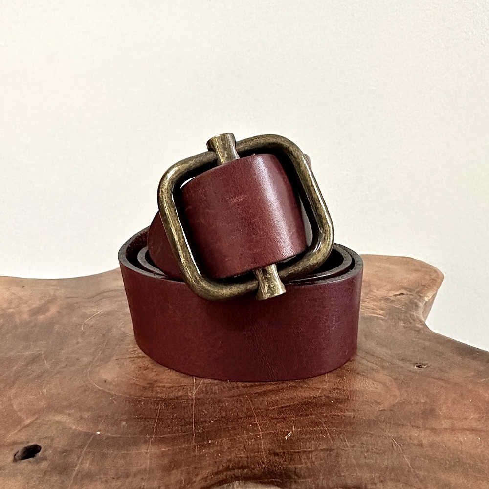 Dark Brown Leather Belt with Brass Buckle